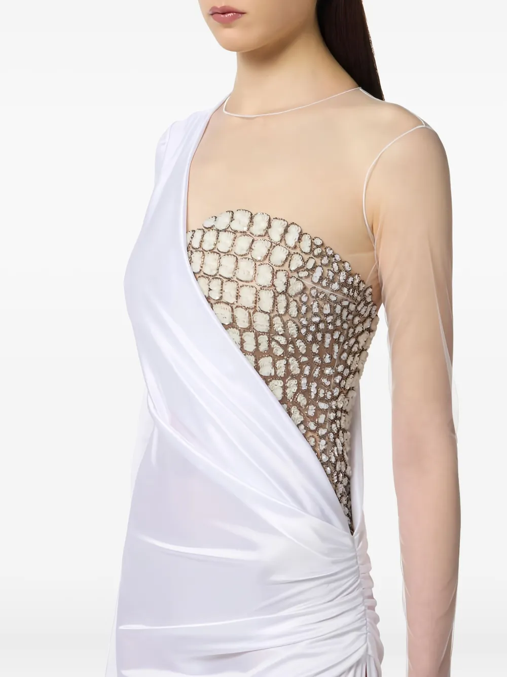 Elisabetta Franchi Red Carpet Tulle And Jersey Dress With Crocodile-effect Embroideries In White