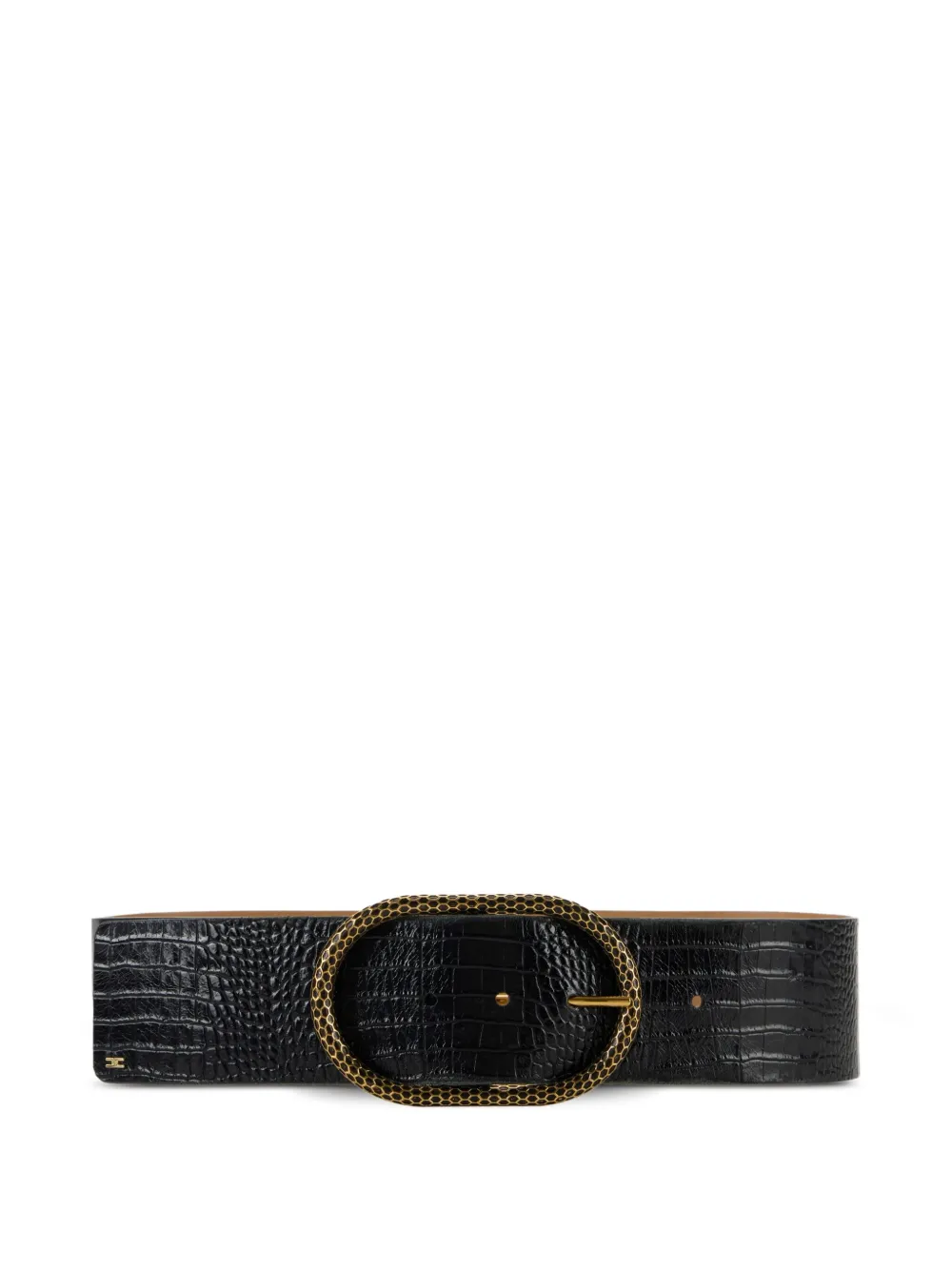 crocodile-effect leather oval-buckle belt