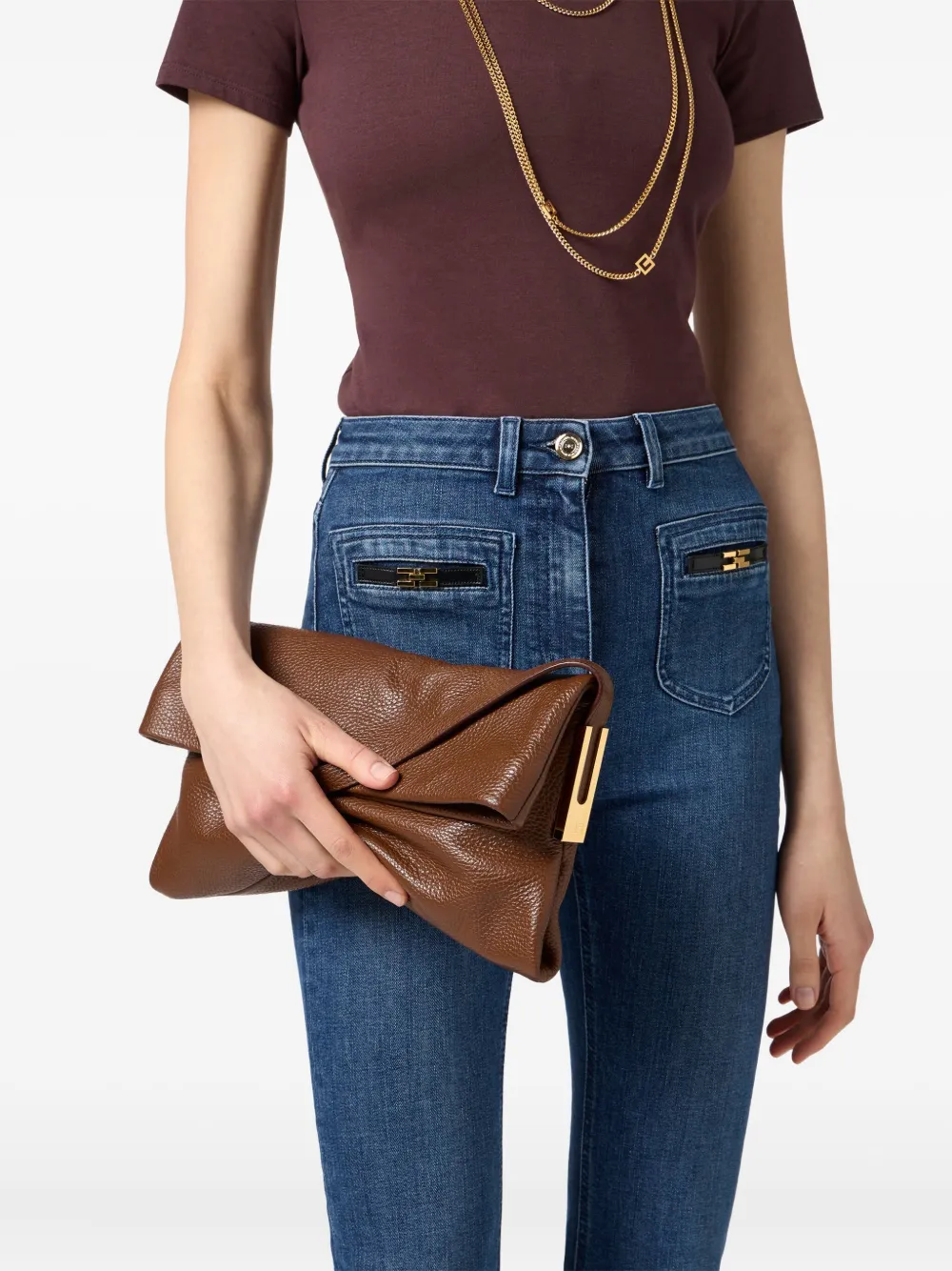 Elisabetta Franchi folded leather shoulder bag - Bruin