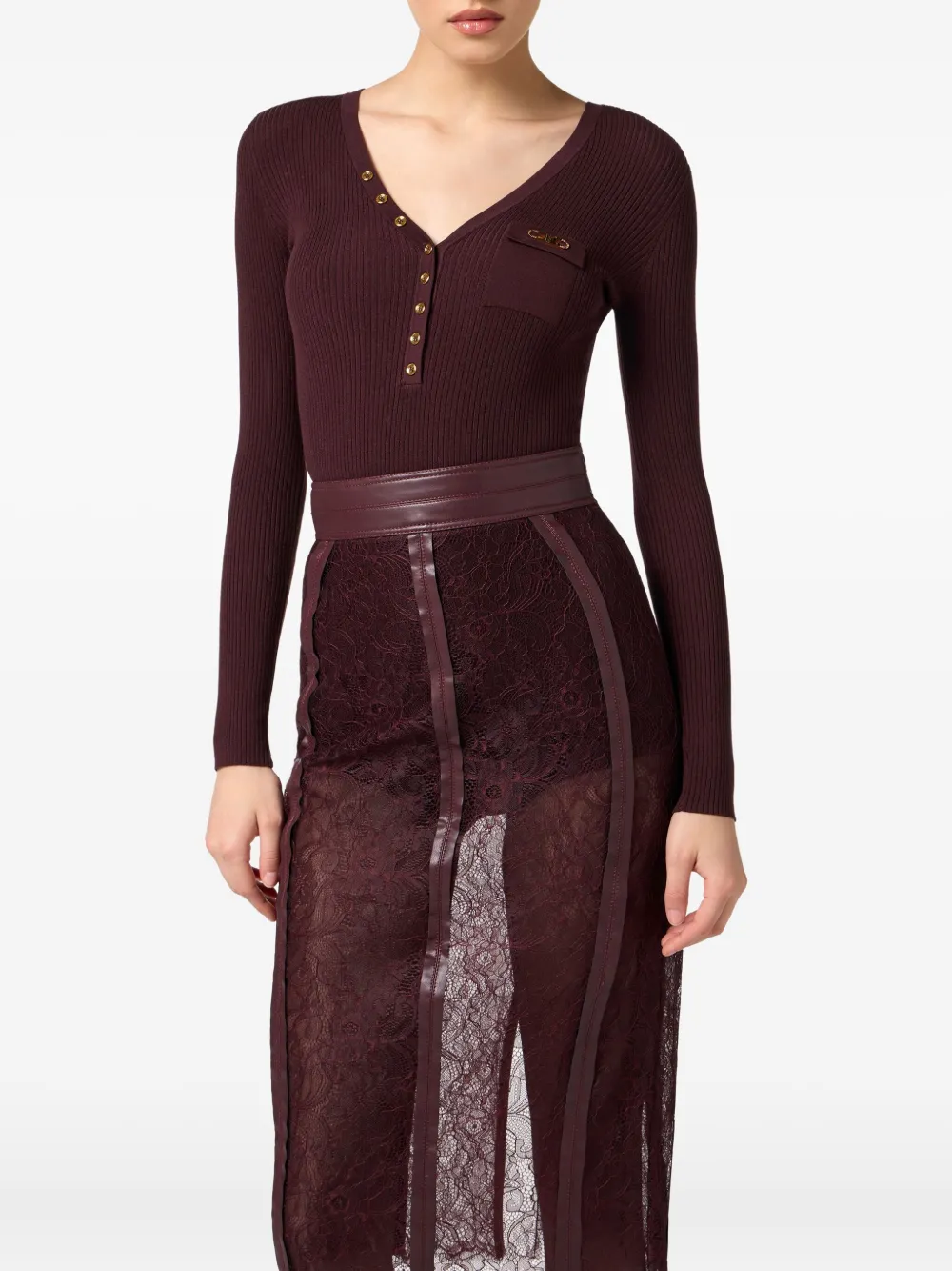 Elisabetta Franchi Ribgebreide top met knopen Bruin