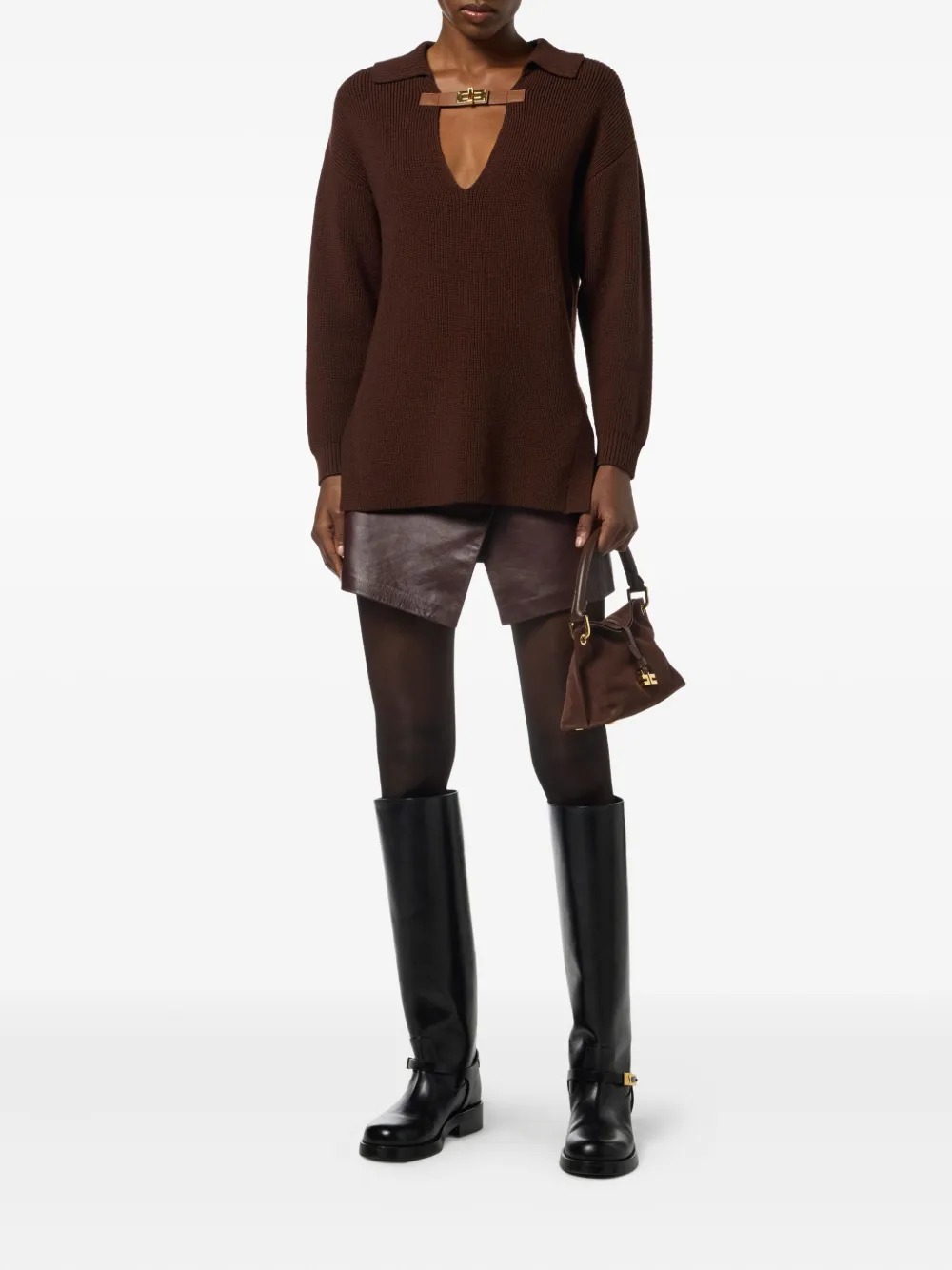 Elisabetta Franchi buckle-detail polo-collar sweater Bruin