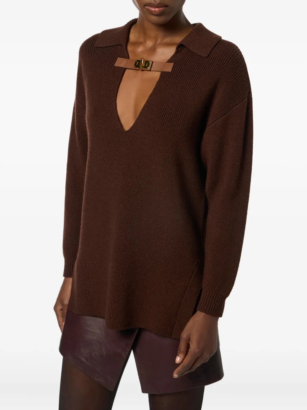 Elisabetta Franchi buckle-detail polo-collar sweater Bruin