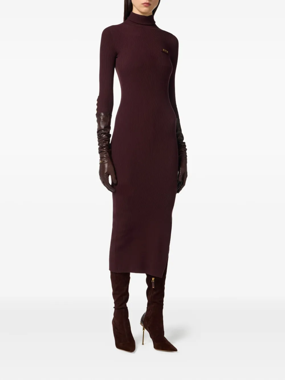 Elisabetta Franchi high-neck ribbed-knit dress Paars