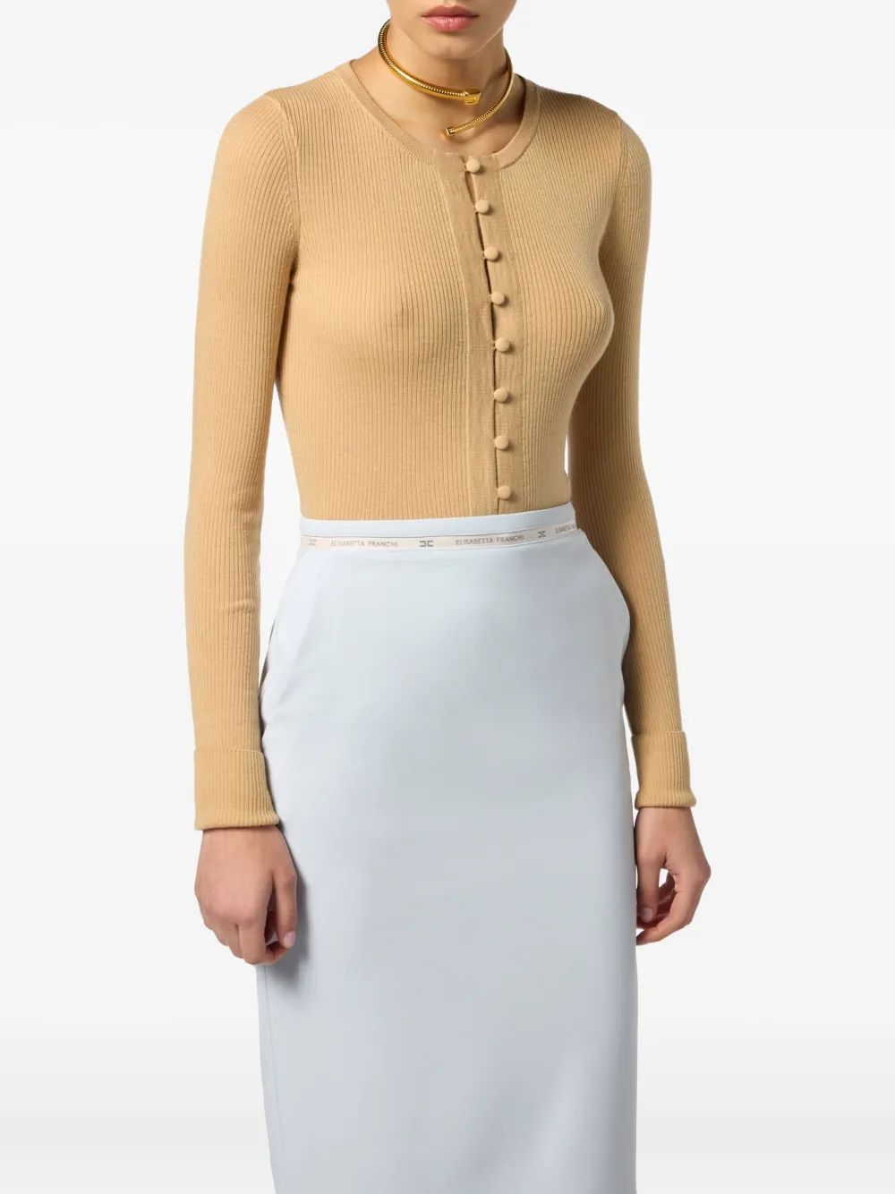 Elisabetta Franchi Ribbed Button Cardigan In Brown