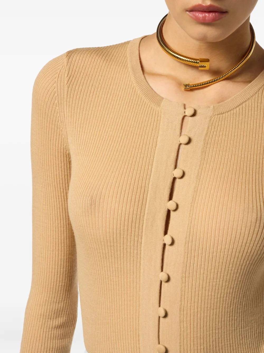 Elisabetta Franchi Ribbed Button Cardigan In Brown