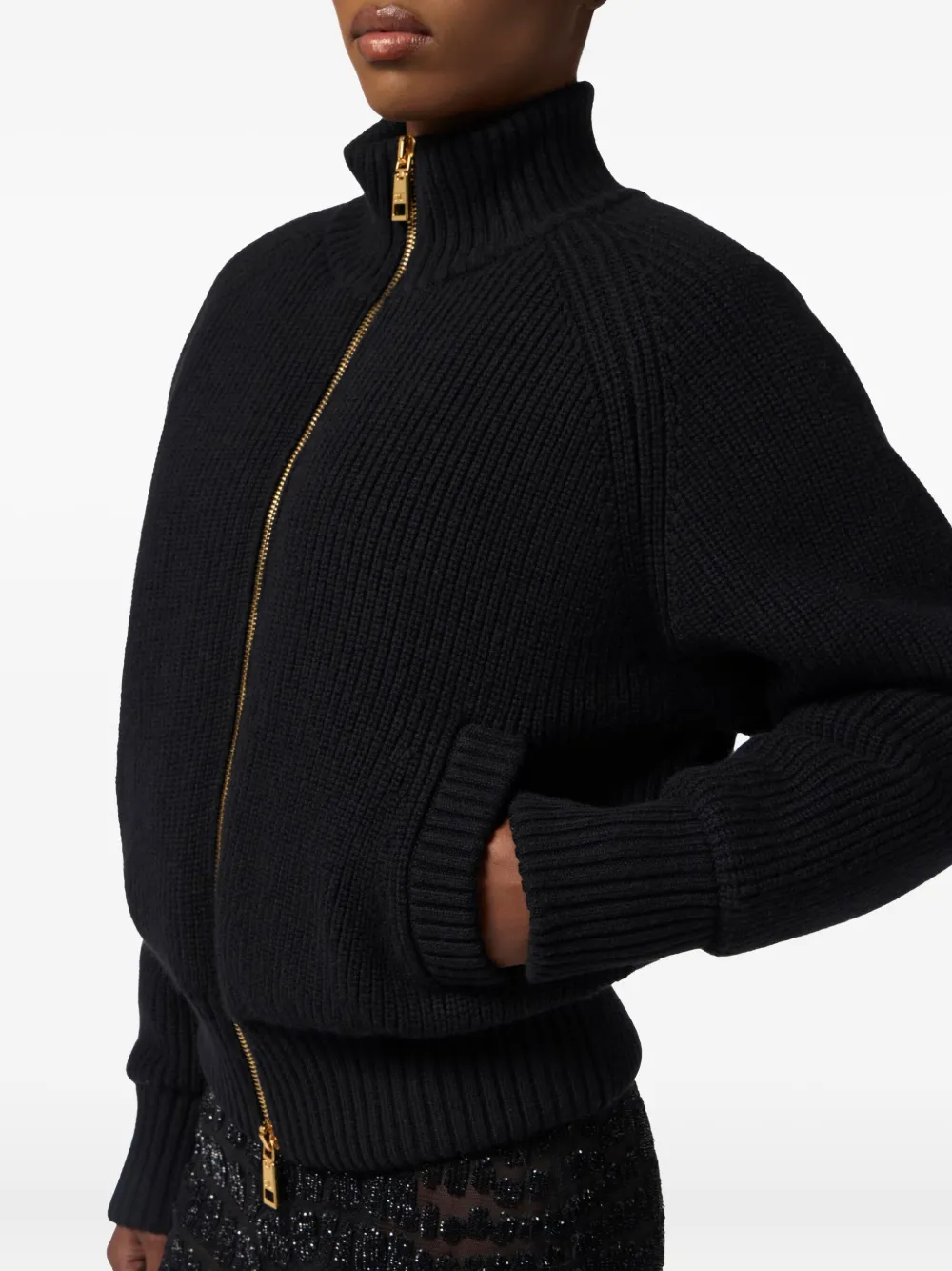 Elisabetta Franchi ribbed-knit zip-front bomber jacket Zwart