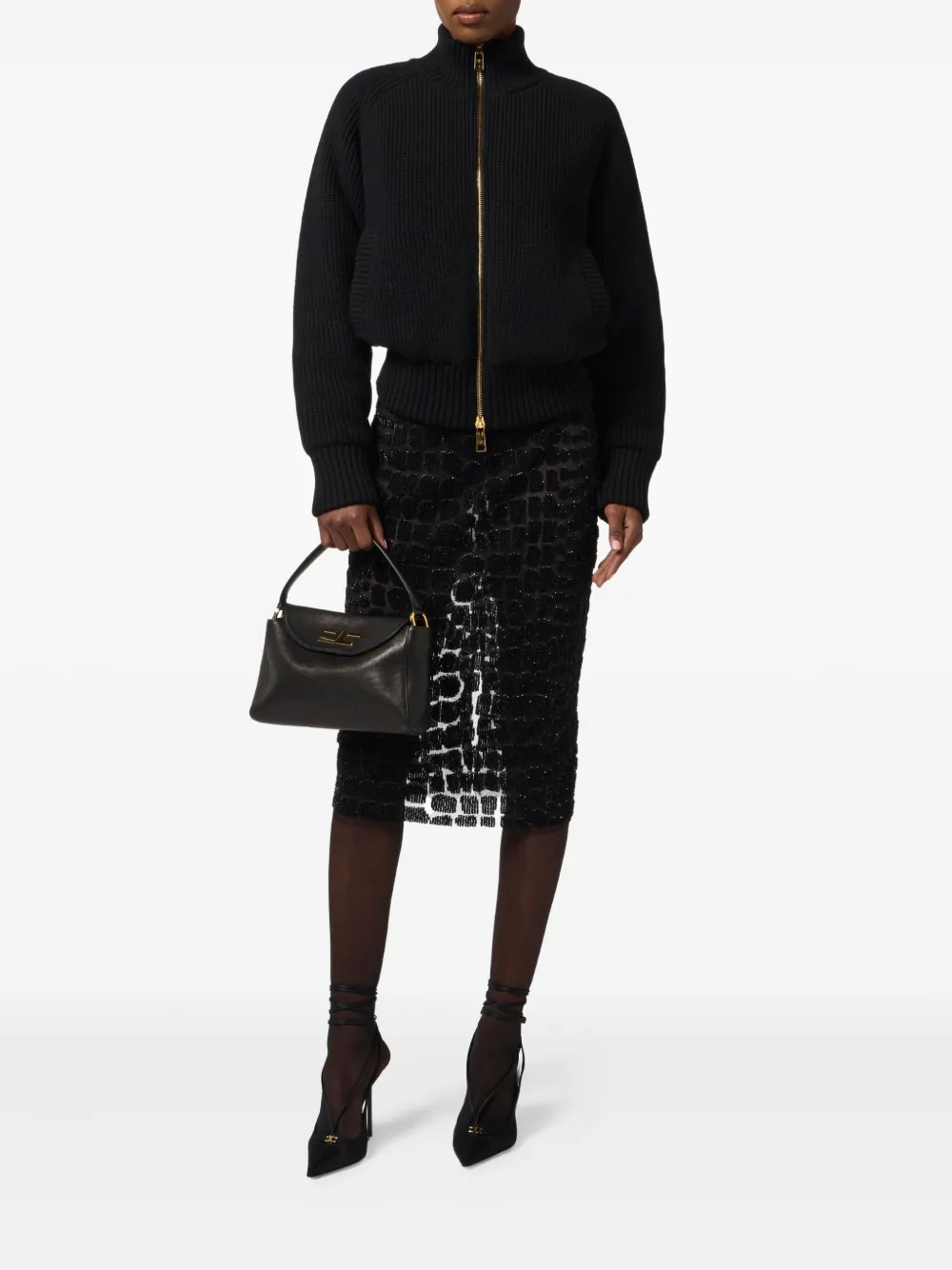 Elisabetta Franchi ribbed-knit zip-front bomber jacket Zwart