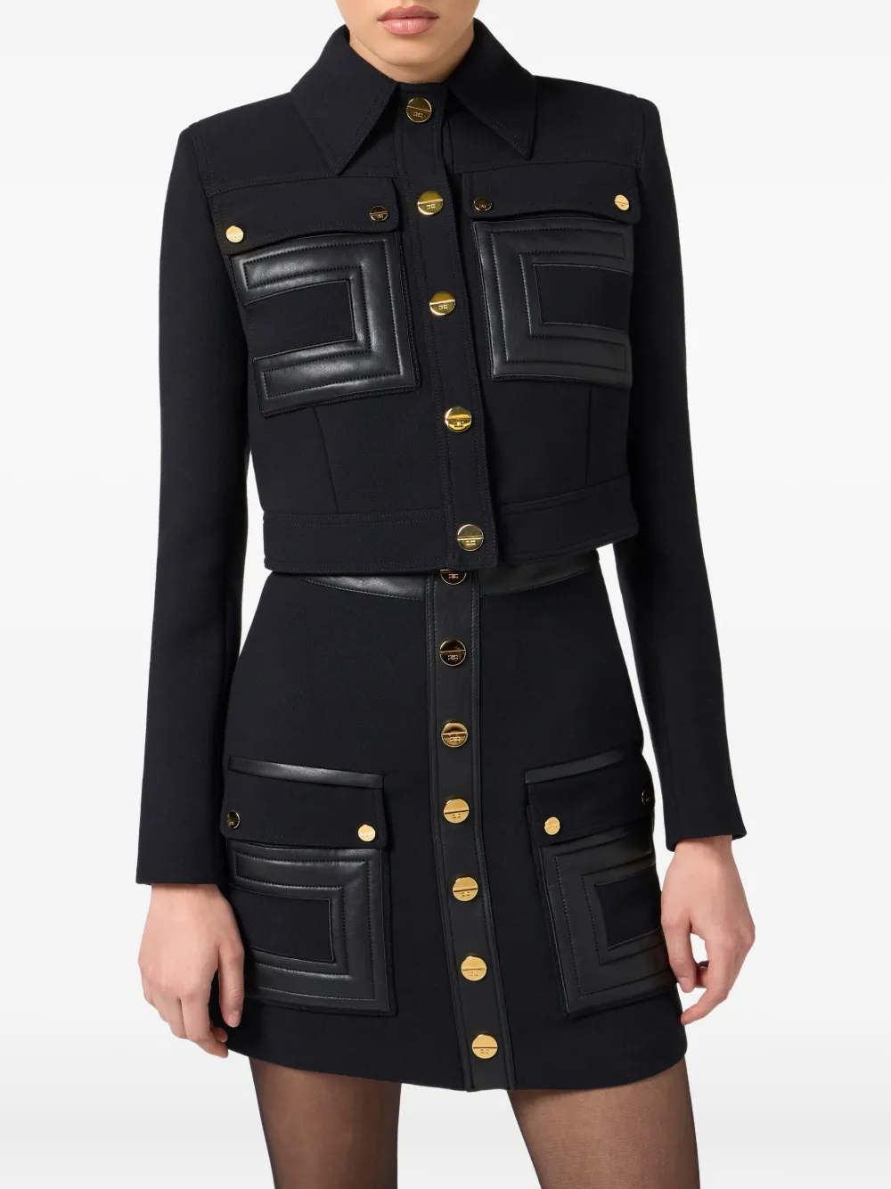 Elisabetta Franchi Cropped Jacket With Contrast Panels And Pockets In Black