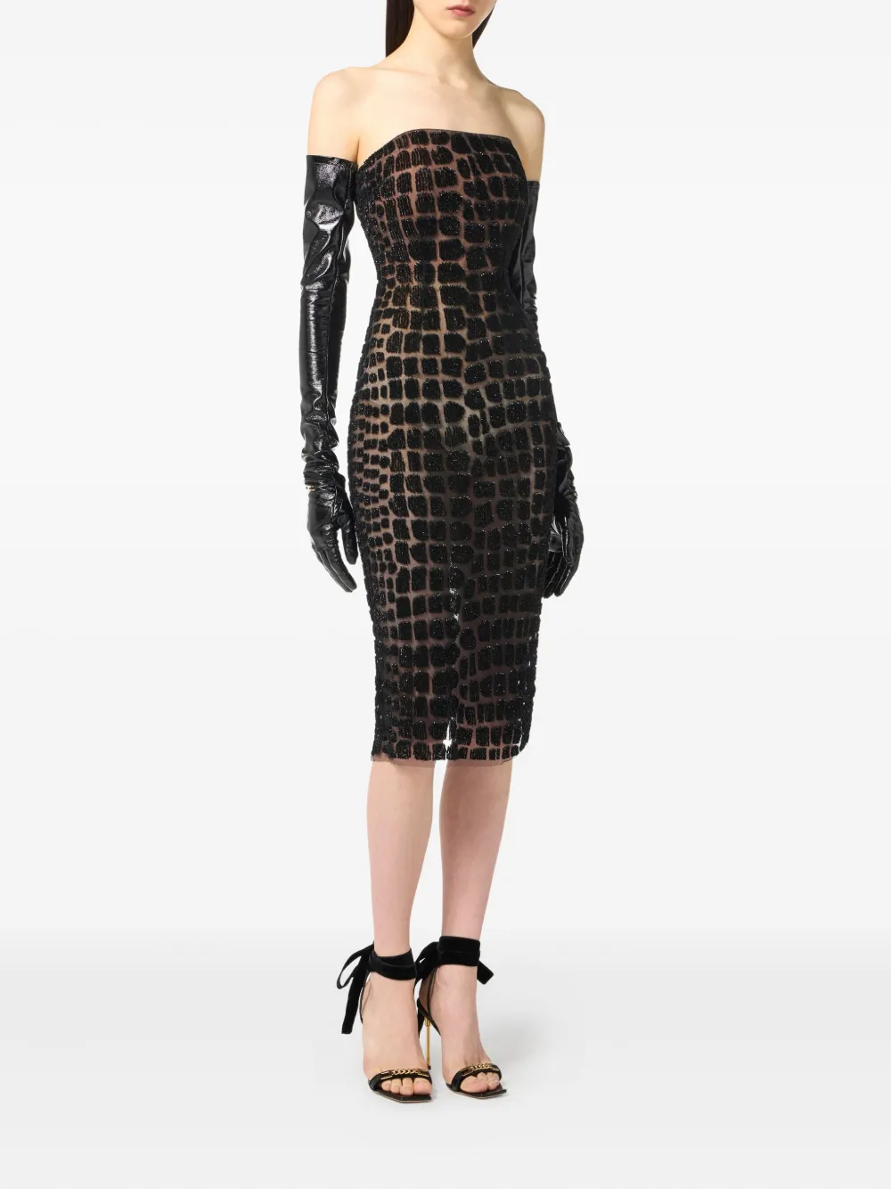 Elisabetta Franchi Midi-jurk met krokodillen-reliëf - Zwart