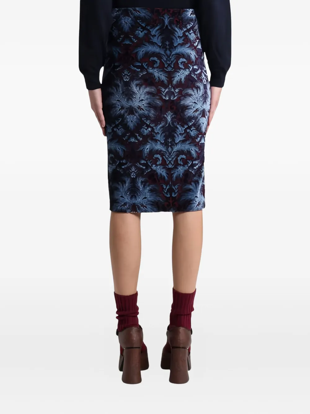 Etro Velvet Brocade Knee-length Skirt With Back Slit In Blue