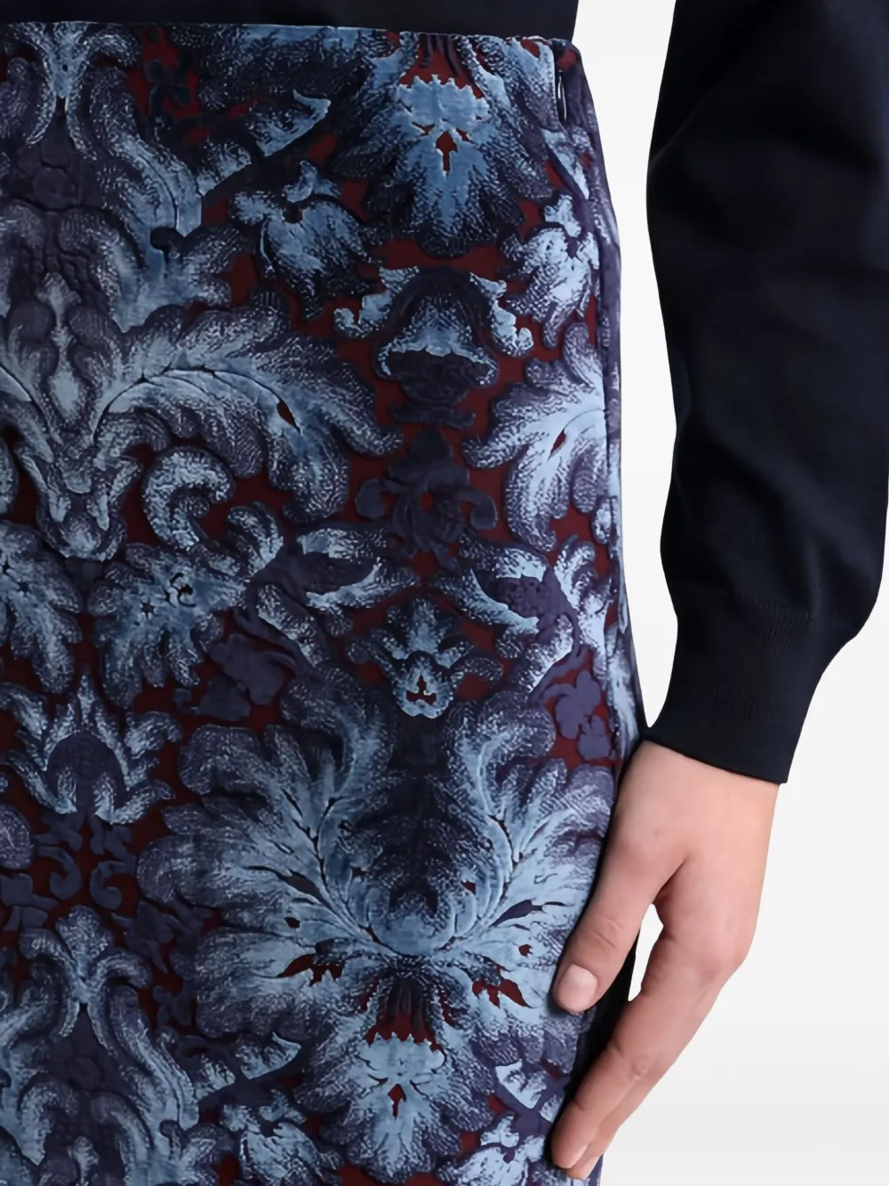 Etro Velvet Brocade Knee-length Skirt With Back Slit In Blue