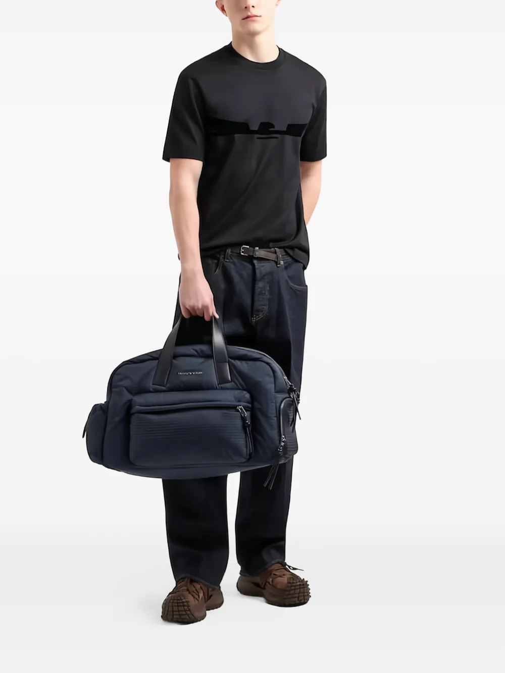 Emporio Armani T-shirt met fluwelen vlak en adelaarsembleem - Zwart