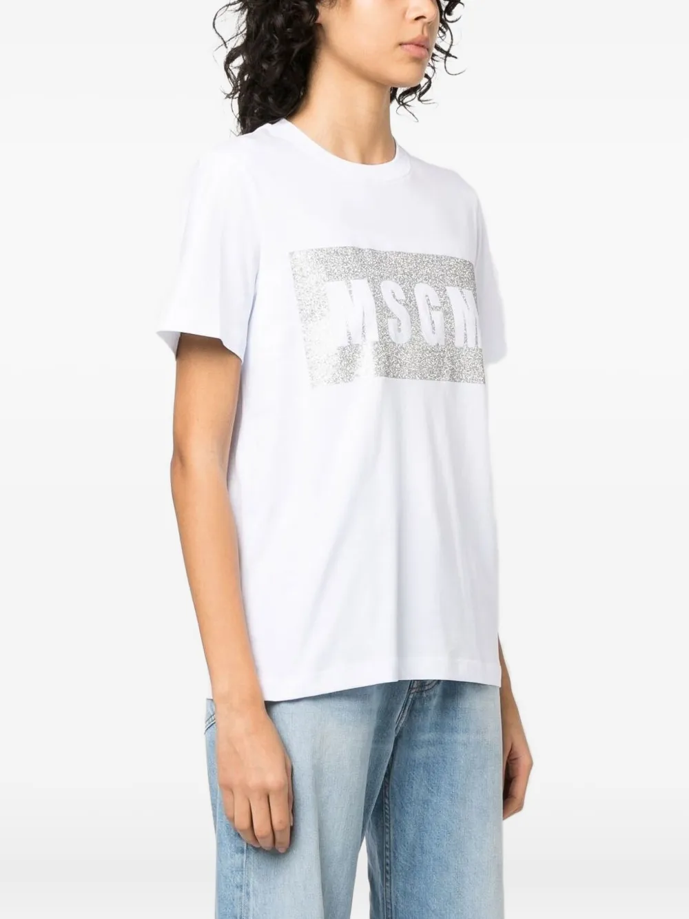 Msgm Glitter-logo Cotton T-shirt In White