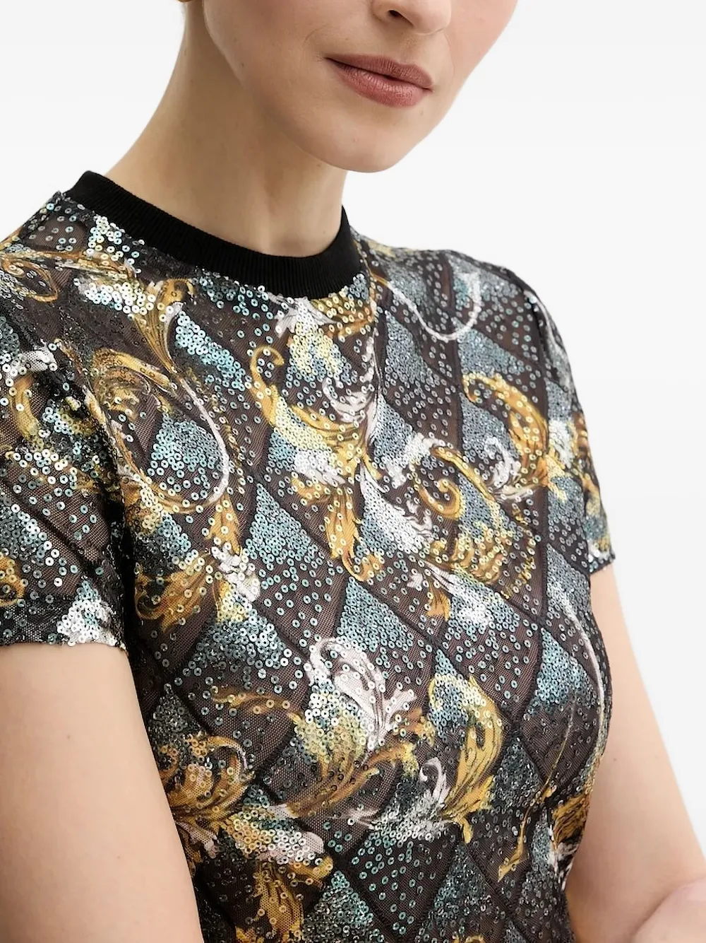 Versace Jeans Couture Sequin-embellished Baroque Top In Black