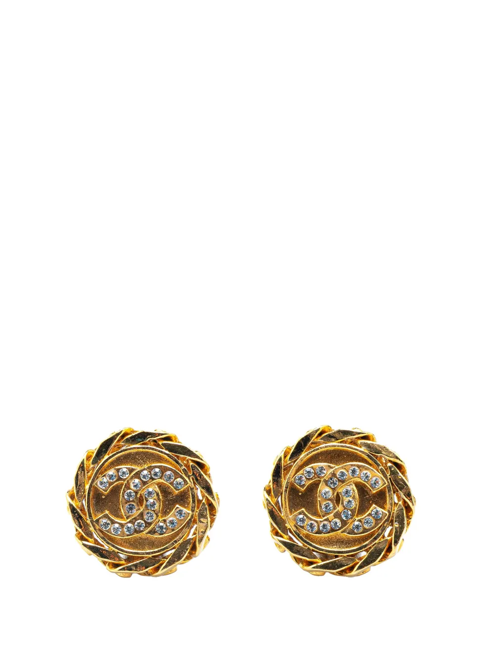 Pre-owned Chanel 1980-1990 Gold Plated Cc Rhinestones Clip On Earrings Costume Earrings