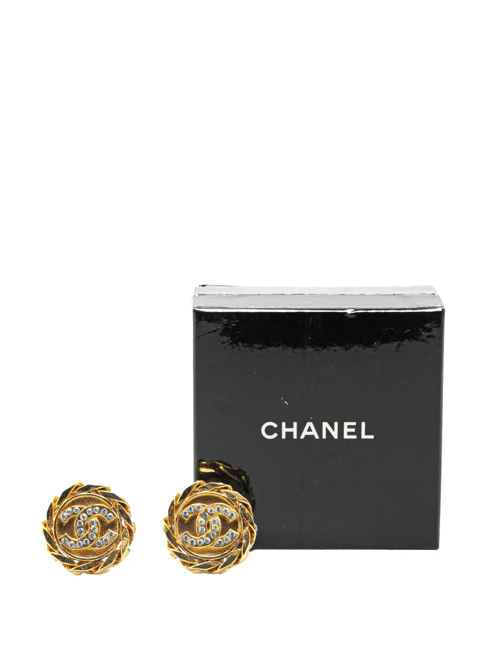 Pre-owned Chanel 1980-1990 Gold Plated Cc Rhinestones Clip On Earrings Costume Earrings