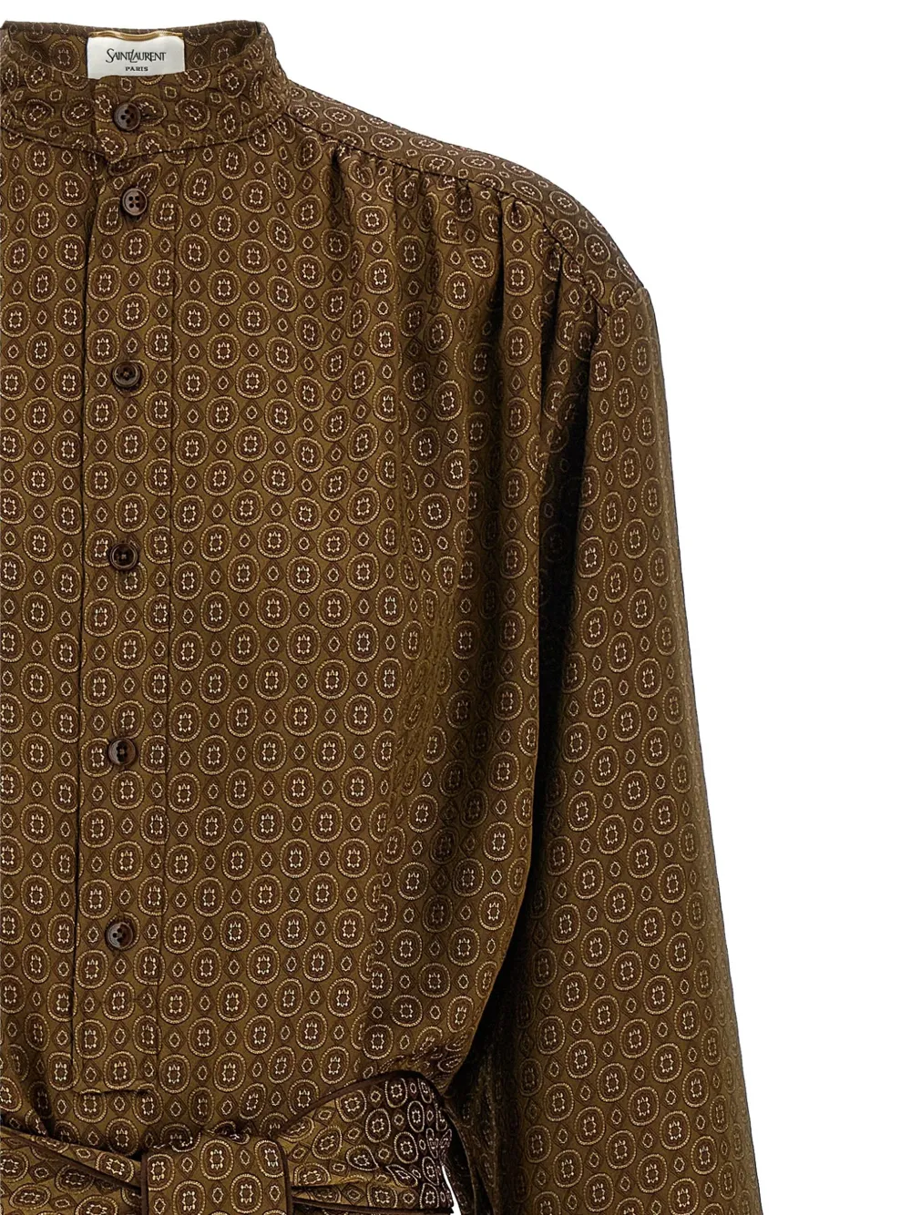 Saint Laurent Blousejurk met geometrische print en ceintuur Bruin
