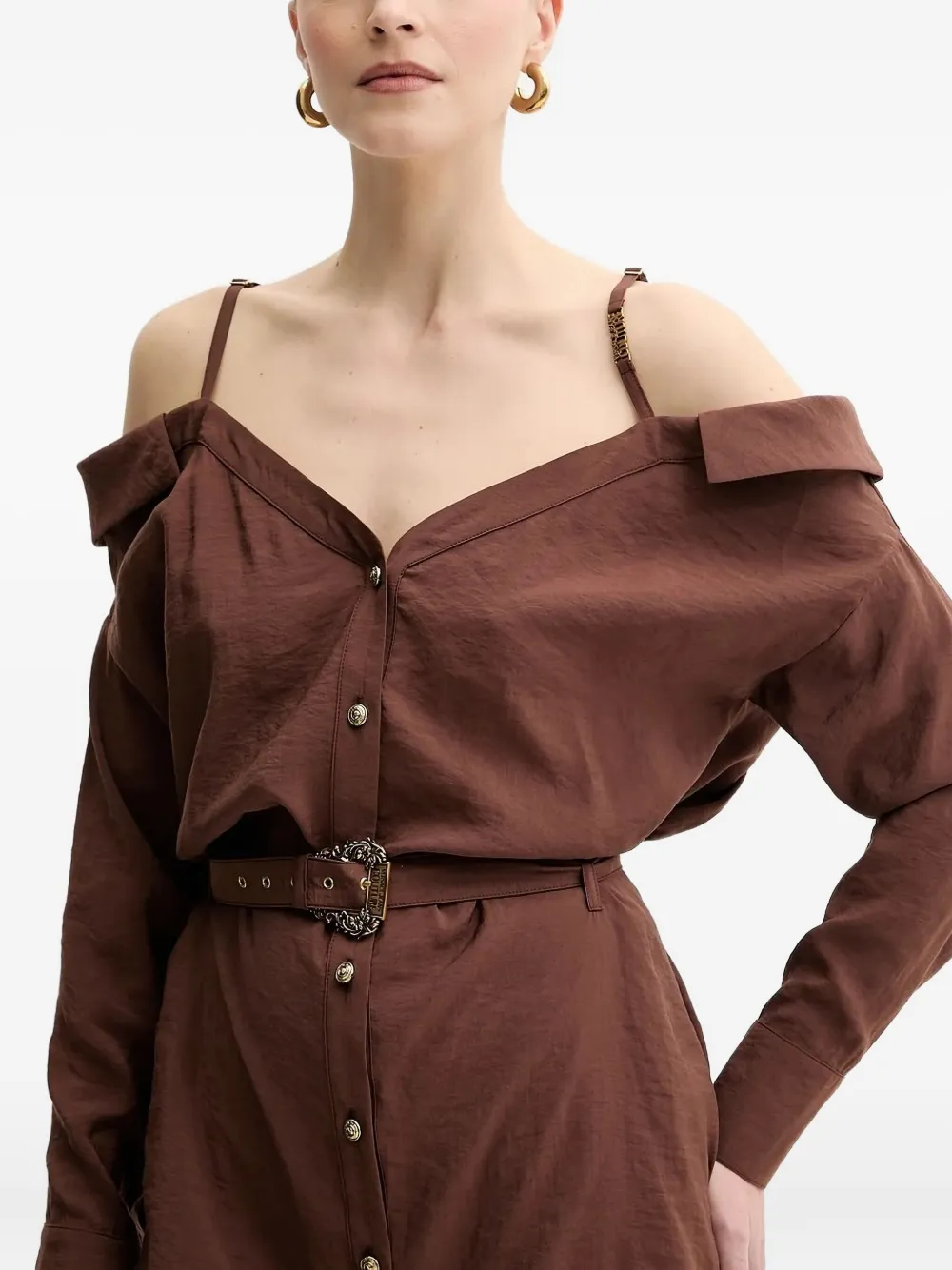Versace Jeans Couture off-shoulder belted shirt dress Bruin