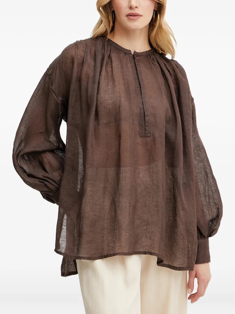 pleated balloon-sleeve blouse