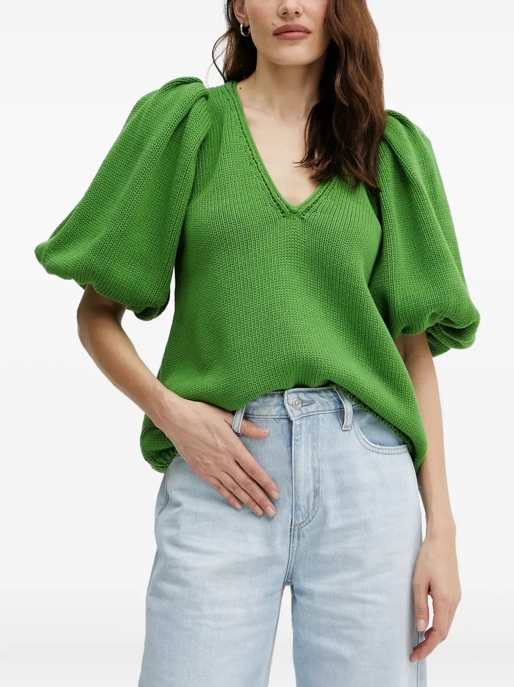 puff-sleeve V-neck top
