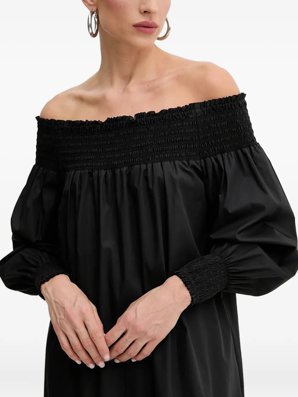 off-shoulder smocked maxi dress