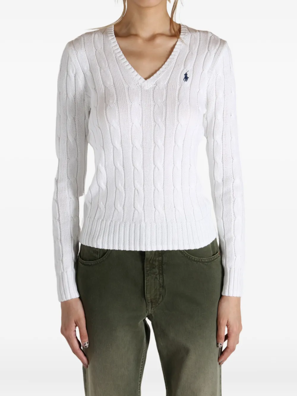 Polo Ralph Lauren Kabelgebreide sweater met V-hals Wit