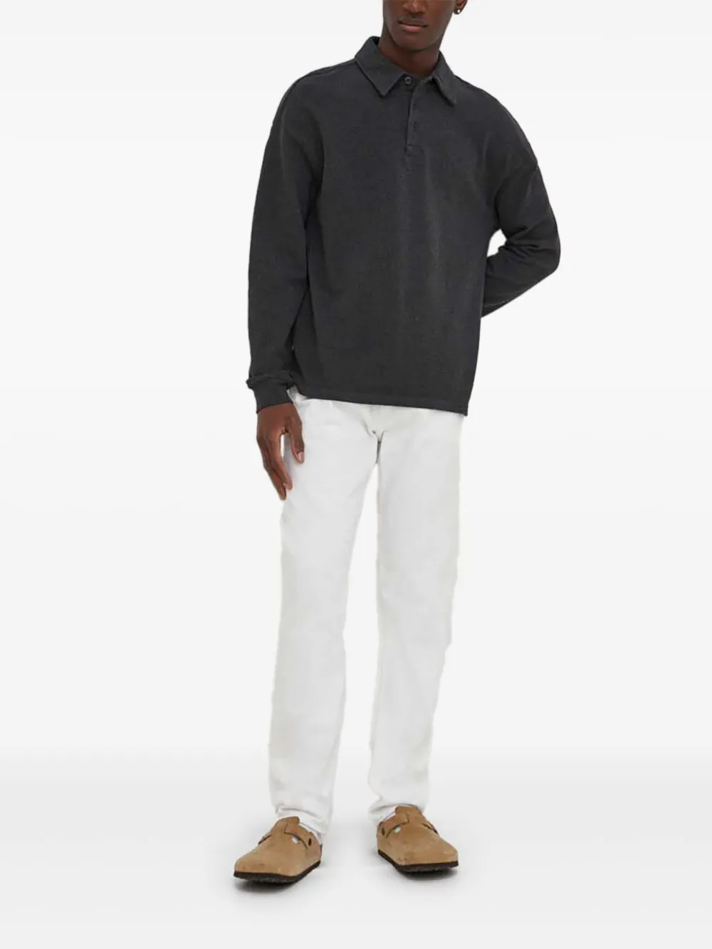 American Vintage long-sleeve button-placket polo shirt | Black | Image 1