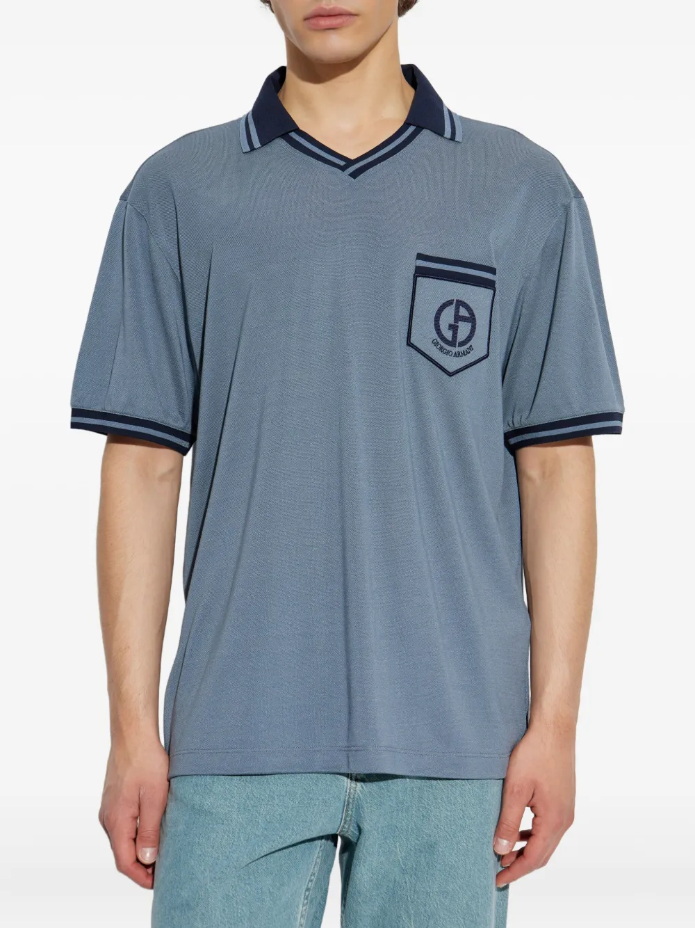Giorgio Armani Gestreept T-shirt met V-hals Blauw