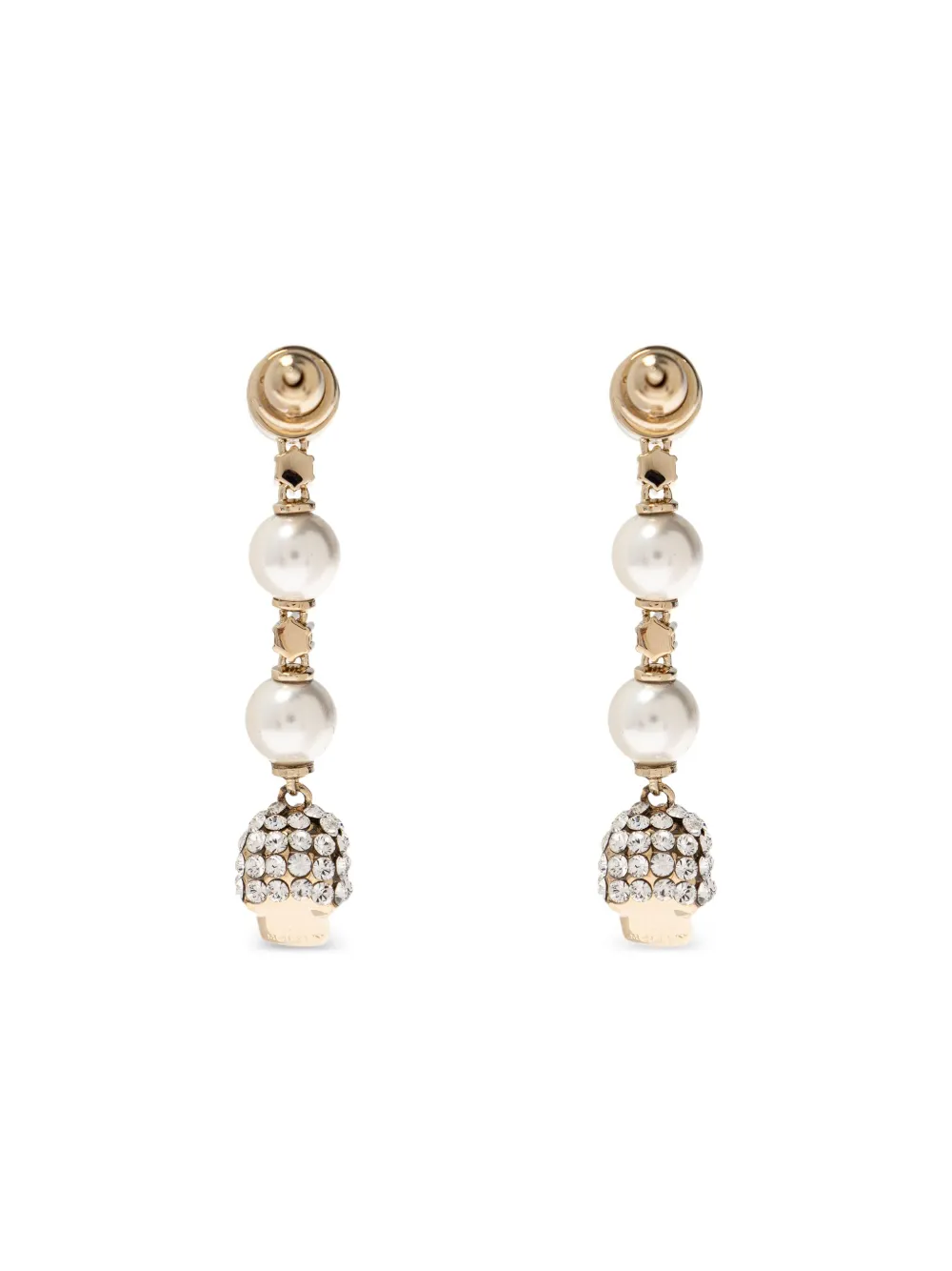 Alexander Mcqueen Dangling Pearl Skull Crystal Earrings In Gold