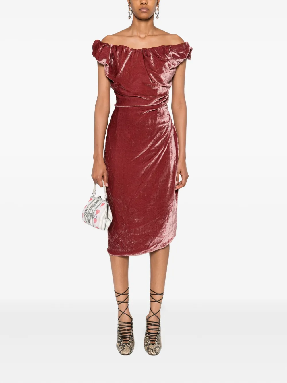 Vivienne Westwood off-shoulder velvet midi dress Rood