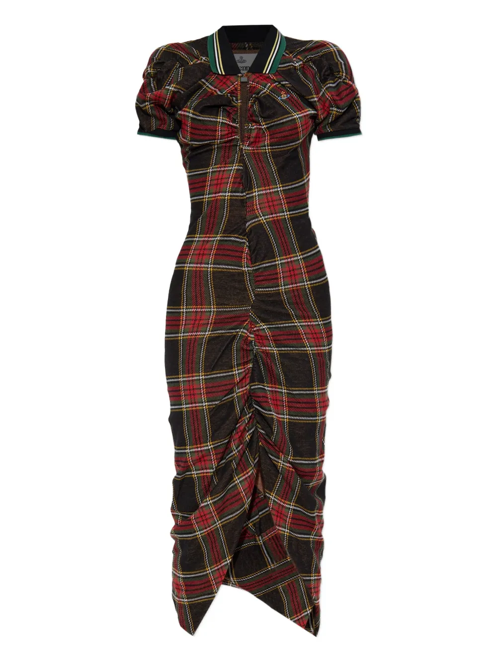 plaid puff-sleeve dress