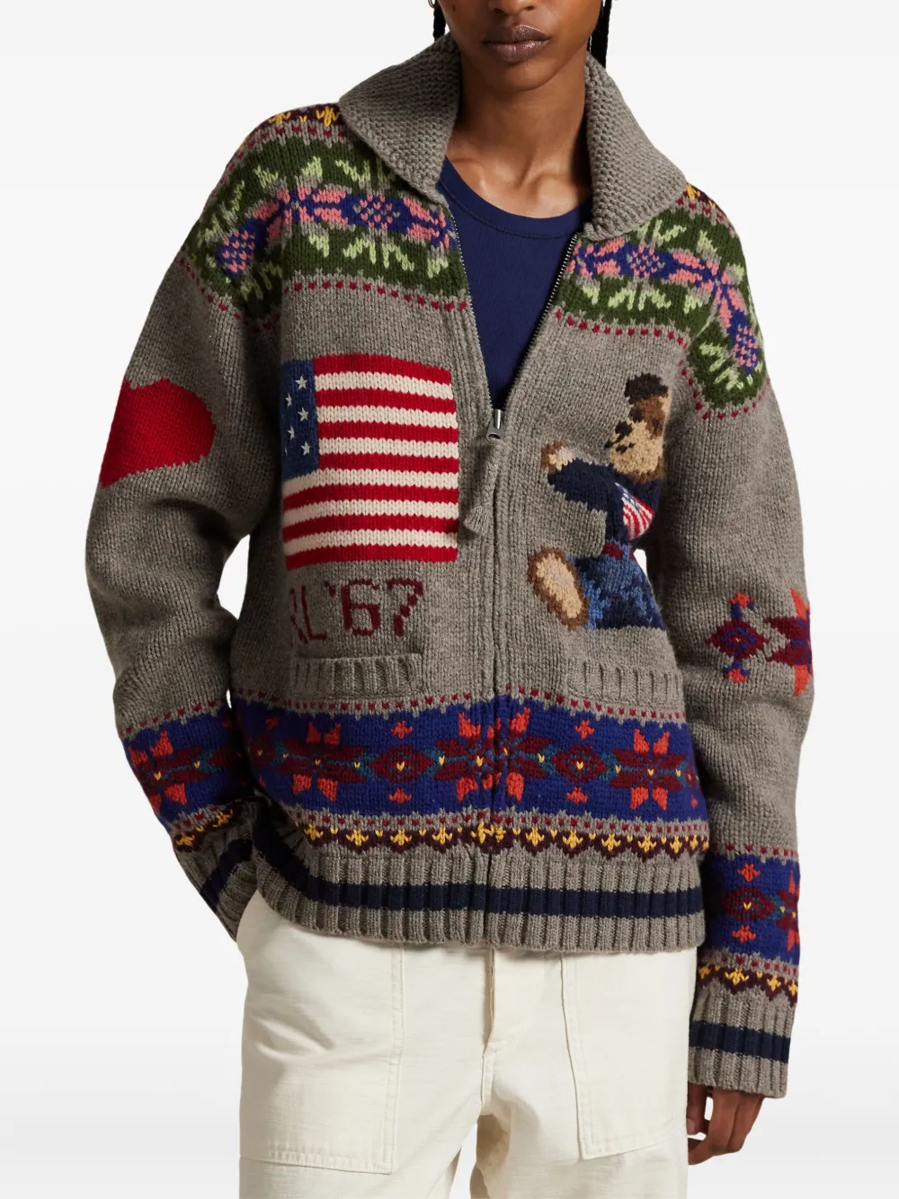 Polo Ralph Lauren Fair Isle-pattern Polo-bear Cardigan In Gray