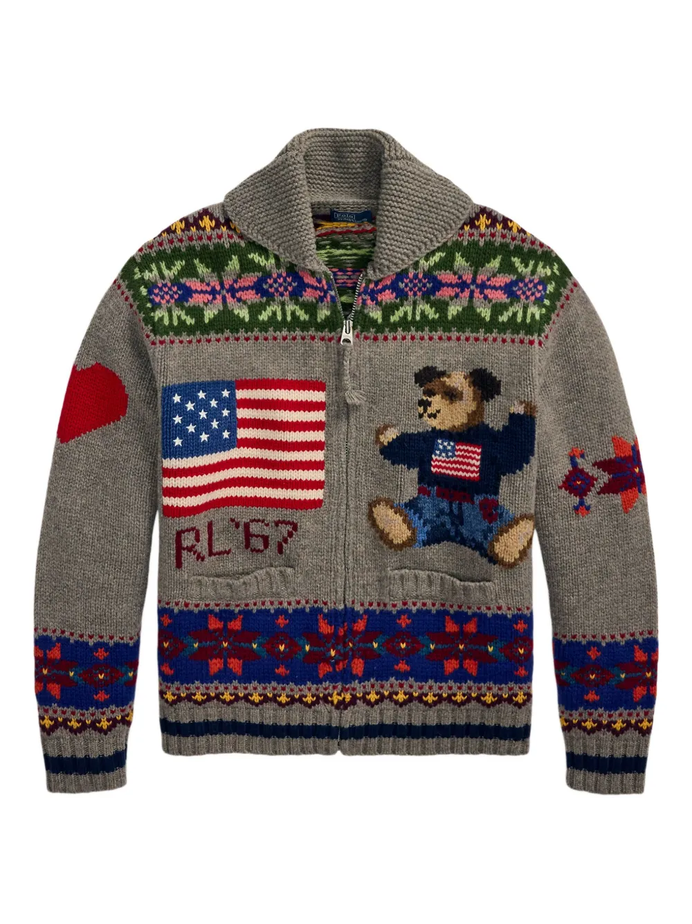 Polo Ralph Lauren Fair Isle-pattern Polo-bear Cardigan In Gray