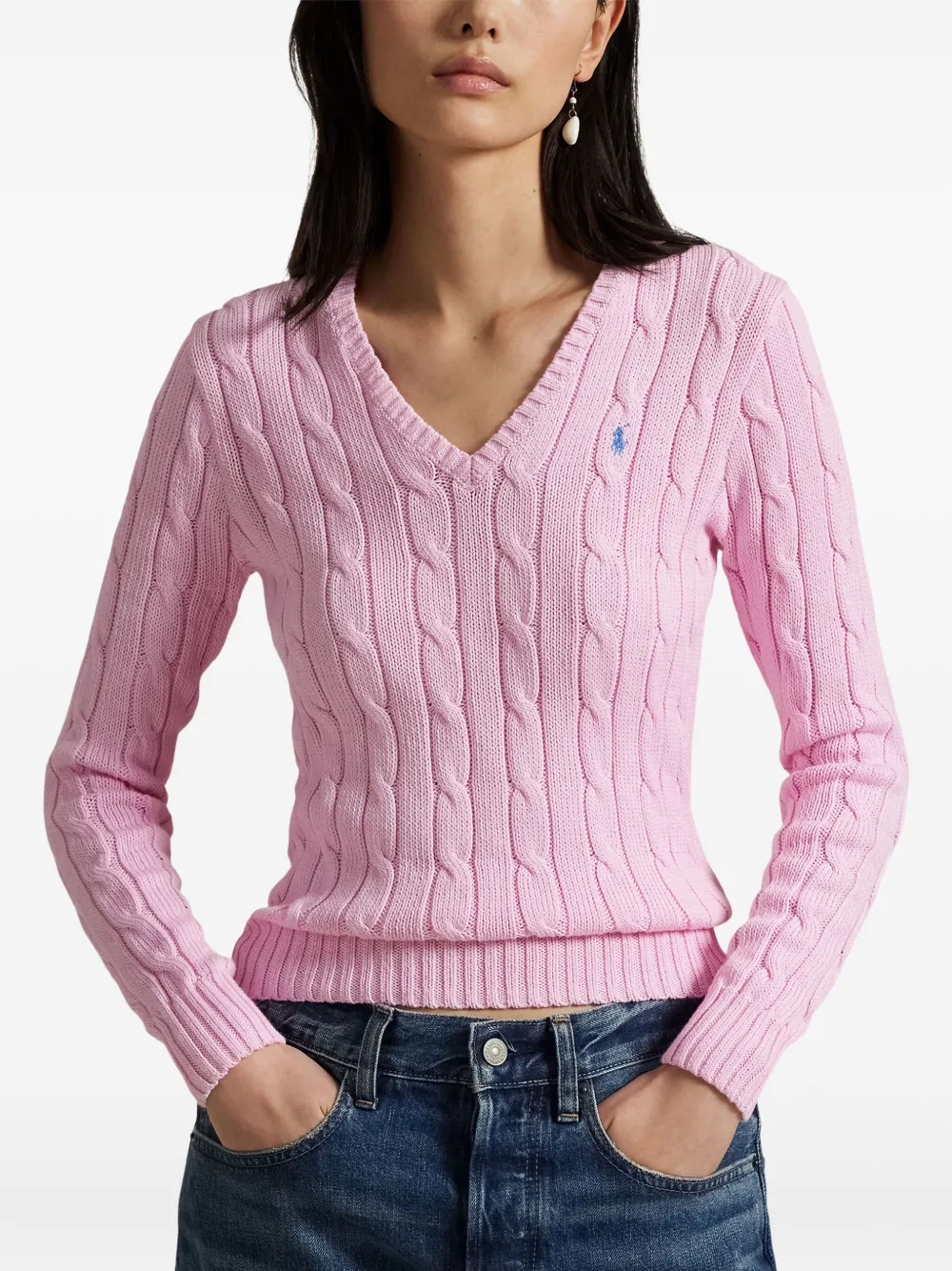 Polo Ralph Lauren cable-knit V-neck Sweater | Pink | FARFETCH