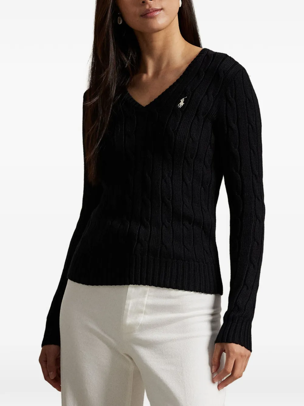 Polo Ralph Lauren Suéter De Tricô Pesado Com Gola V | Preto