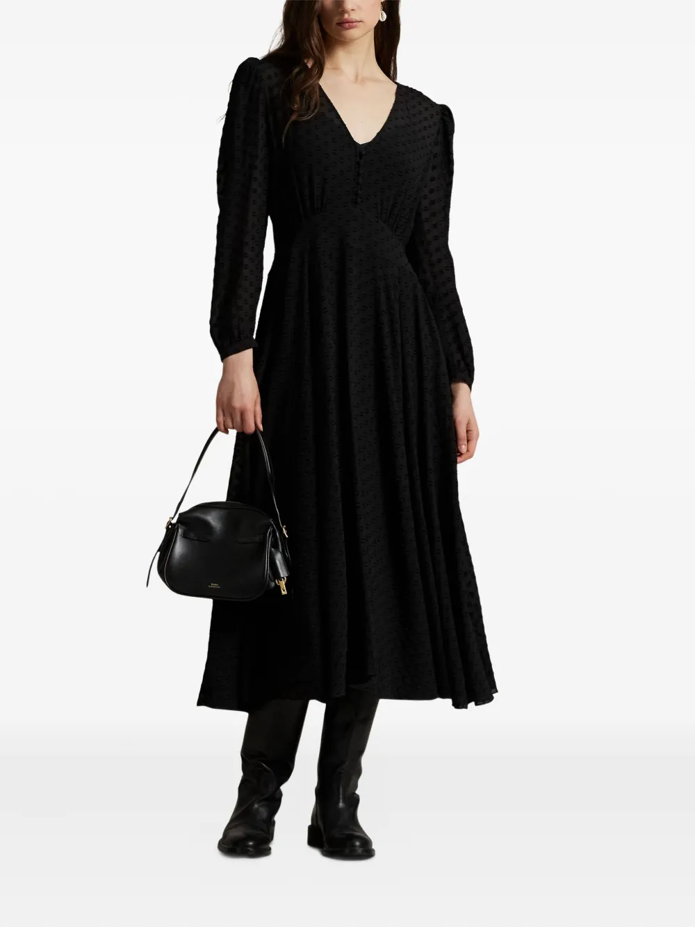 Polo Ralph Lauren Polka-dot Puff-sleeve Midi Dress In Black