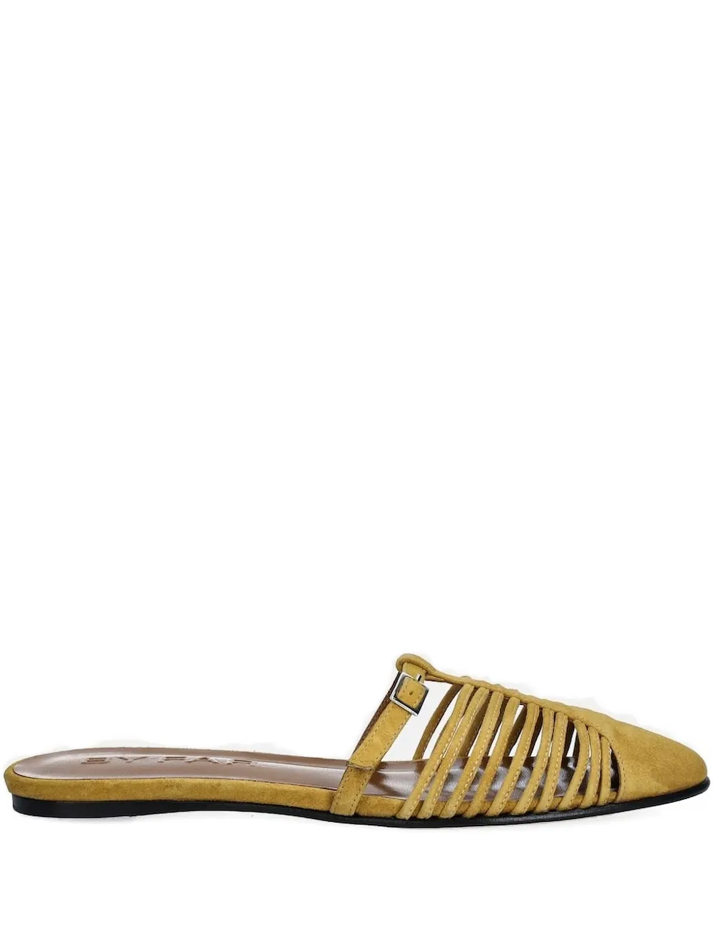 By Far Osip Cumin Kid Caged Buckle Slides In Yellow