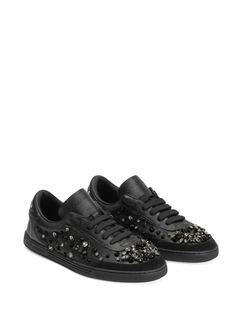 Dolce & Gabbana Crystal-embellished Leather Sneakers In Black