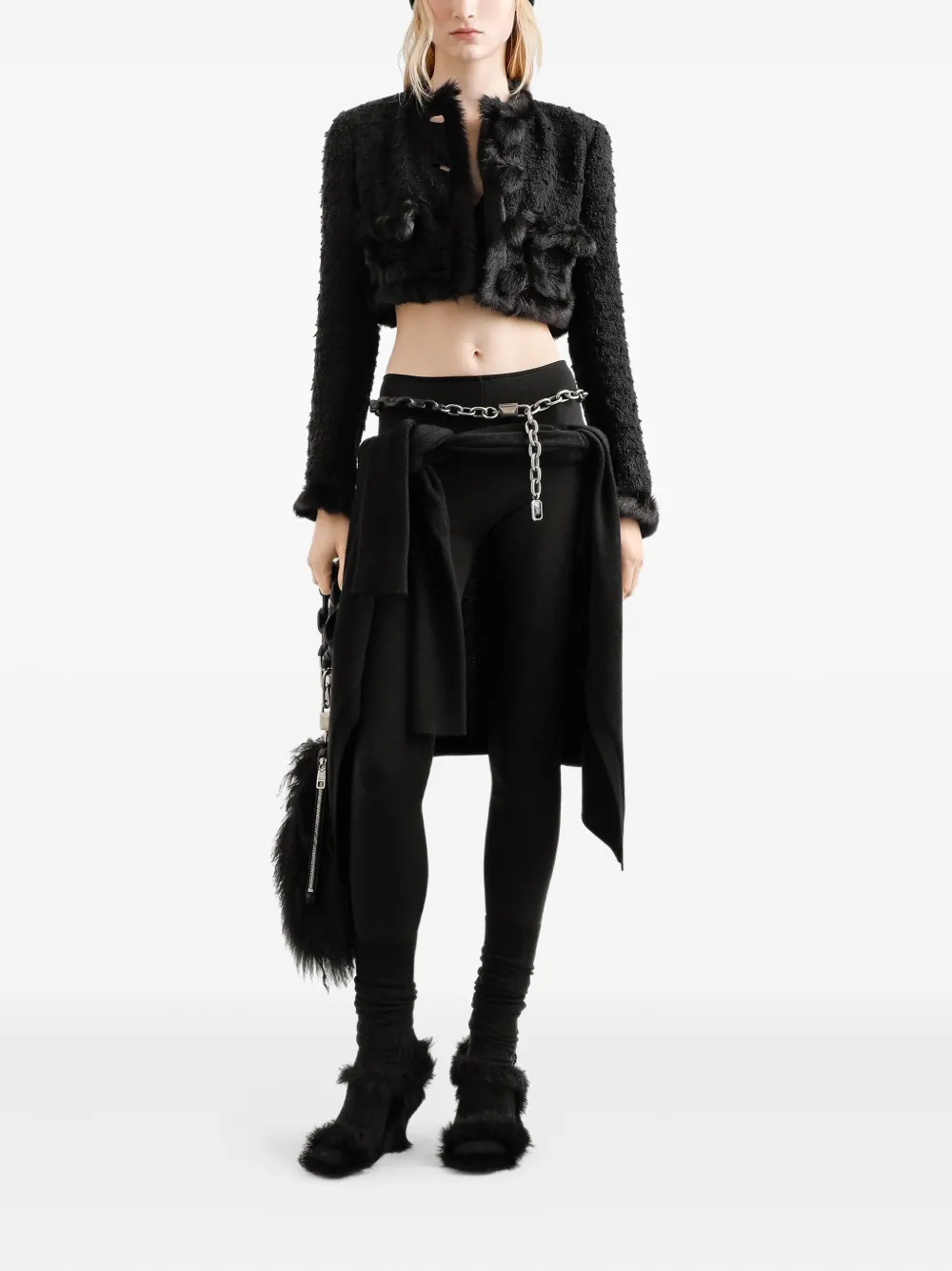 Dolce & Gabbana Faux-fur Trimmed Tweed Jacket In Black