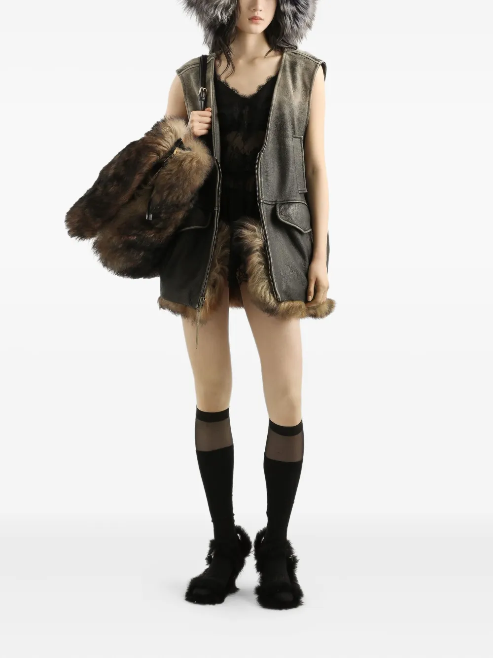 Dolce & Gabbana Leren spencer met V-hals Bruin