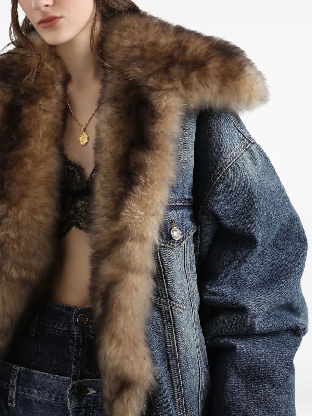 Dolce & Gabbana Faux-fur Detail Denim Coat In Blue