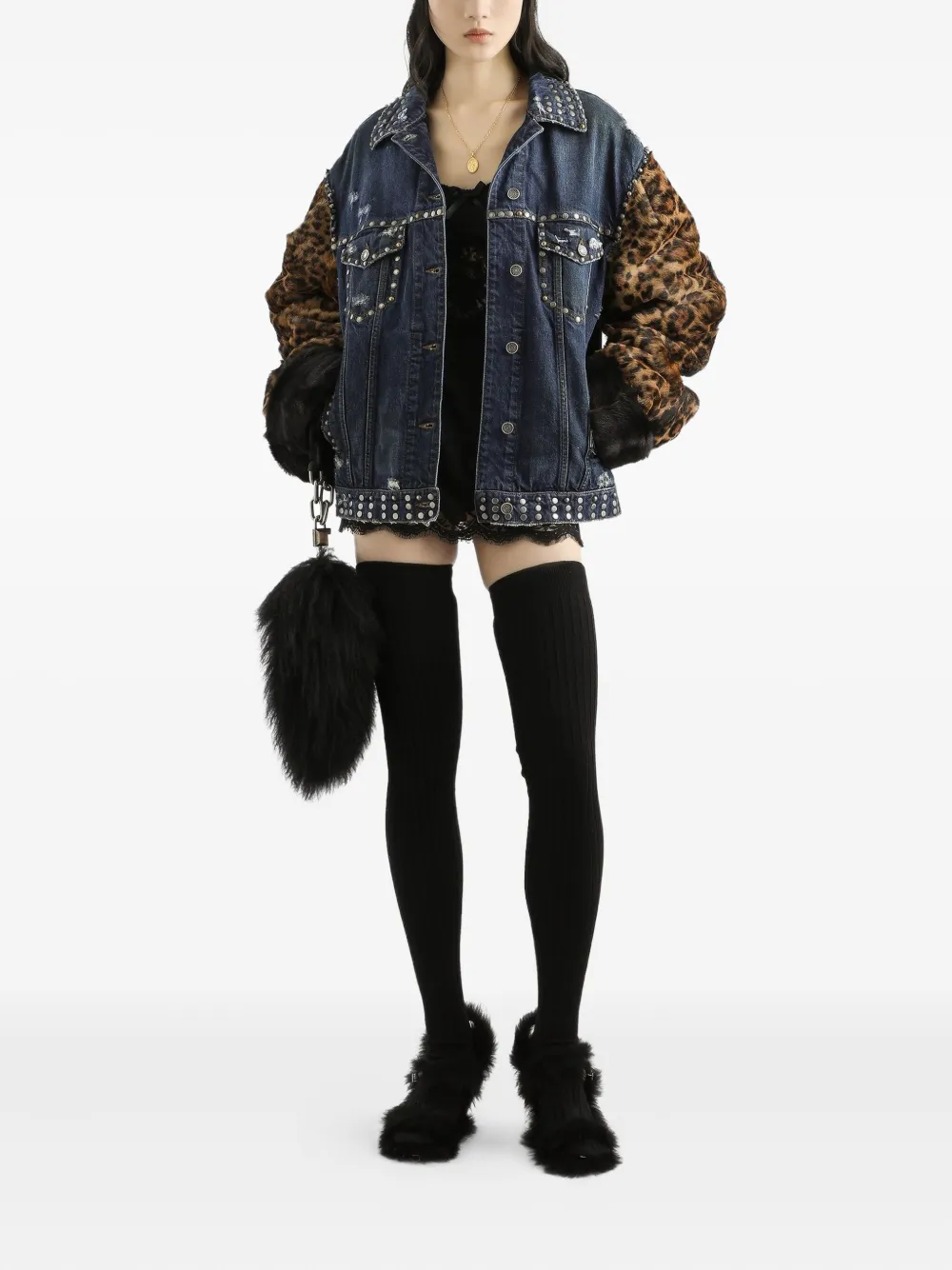  Dolce & Gabbana Leopard-print Studded Denim Jacket - Blue 