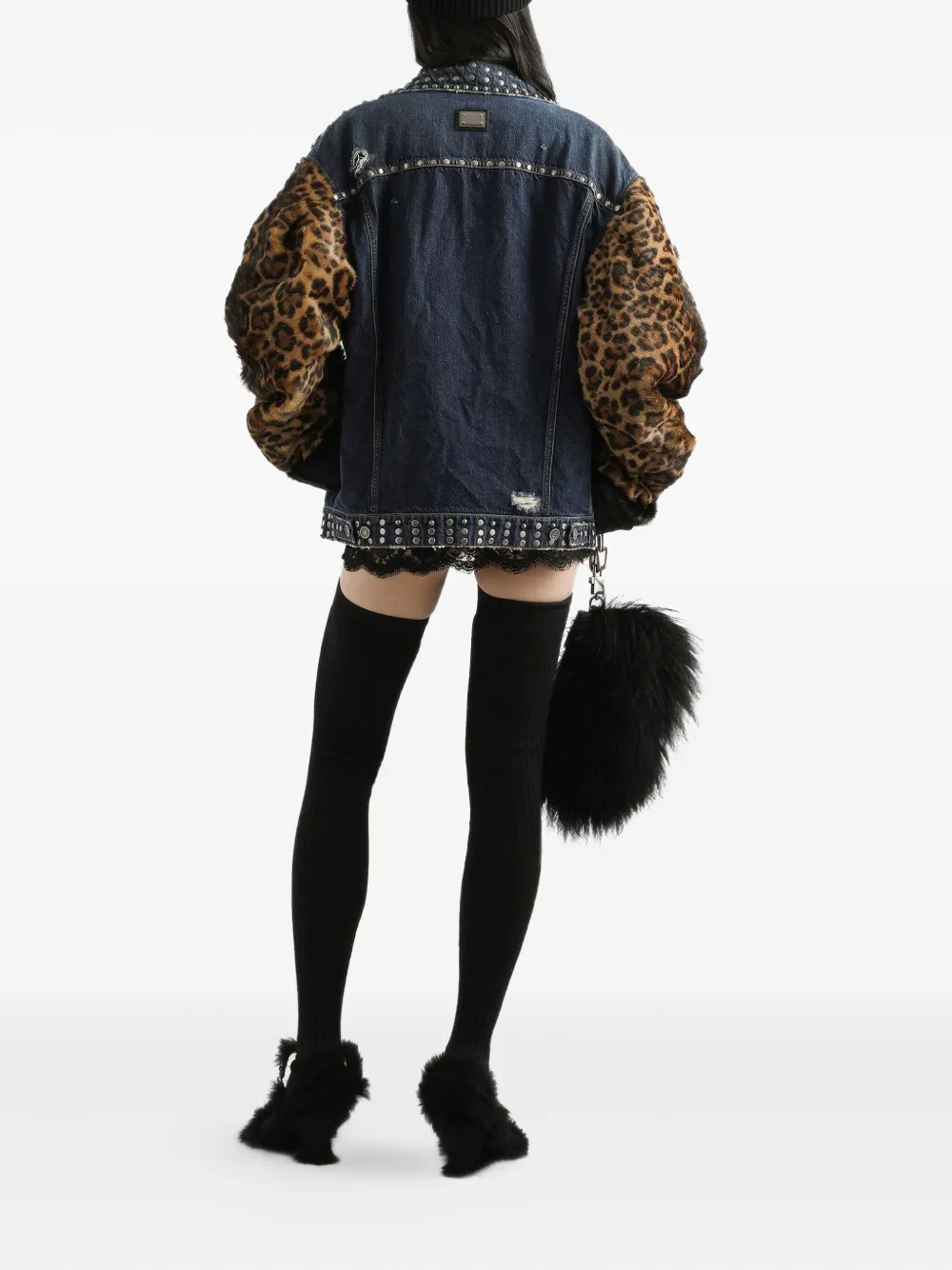  Dolce & Gabbana Leopard-print Studded Denim Jacket - Blue 