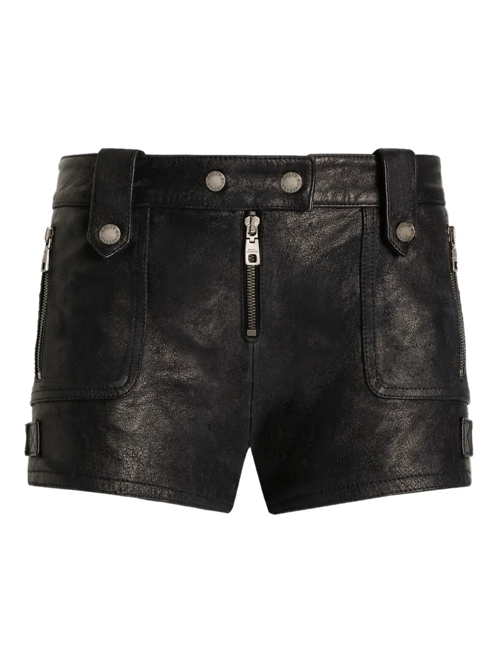Dolce & Gabbana Kurze Leder-shorts Mit Reissverschlusstasche In Black
