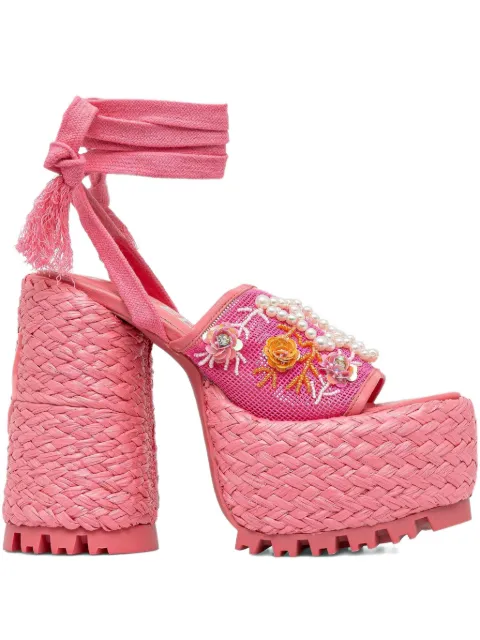 NAKED WOLFE 145mm Bluebell raffia platform embellished sandals