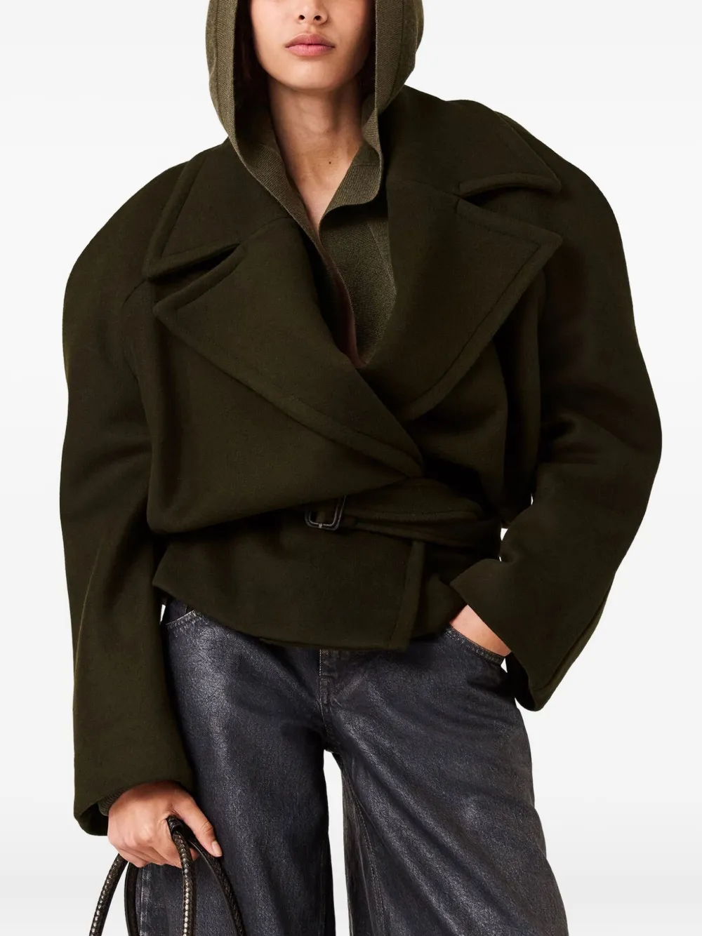 Stella Mccartney Cropped Belted Double-breasted Wool Coat In Green