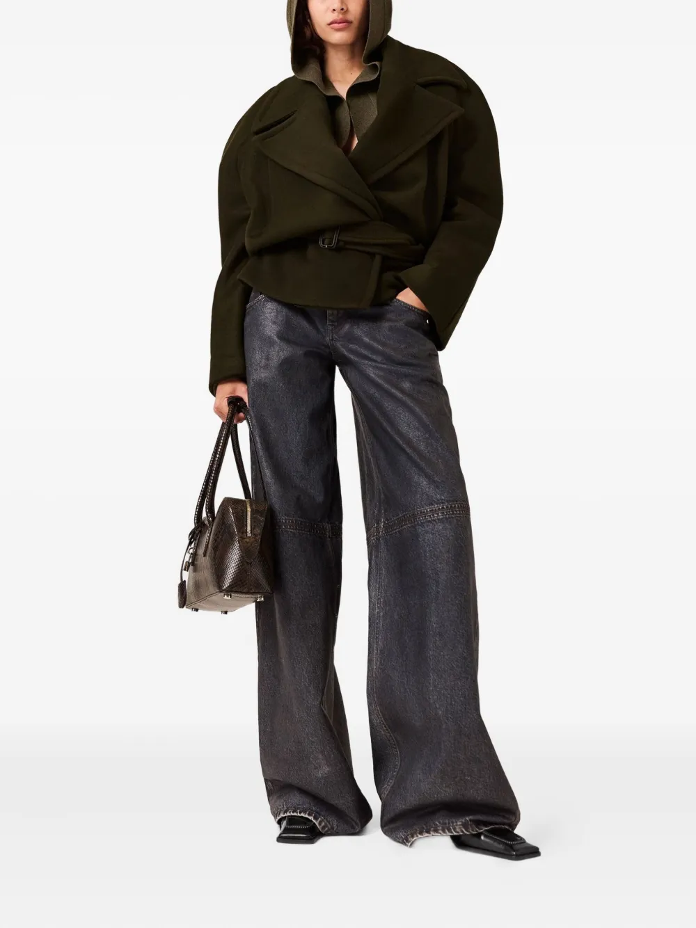 Stella Mccartney Cropped Belted Double-breasted Wool Coat In Green
