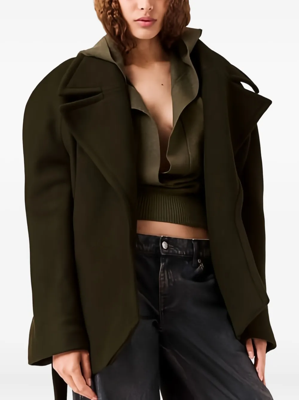 Stella Mccartney Cropped Belted Double-breasted Wool Coat In Green