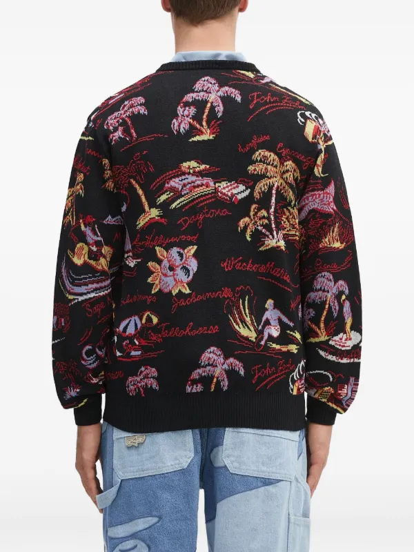 希少XL【WACKO MARIA】長袖カーディガン 刺繍ロゴ バイカラー 黒 赤 WACKO MARIA tropical-pattern Cardigan | Black | FARFETCH AO