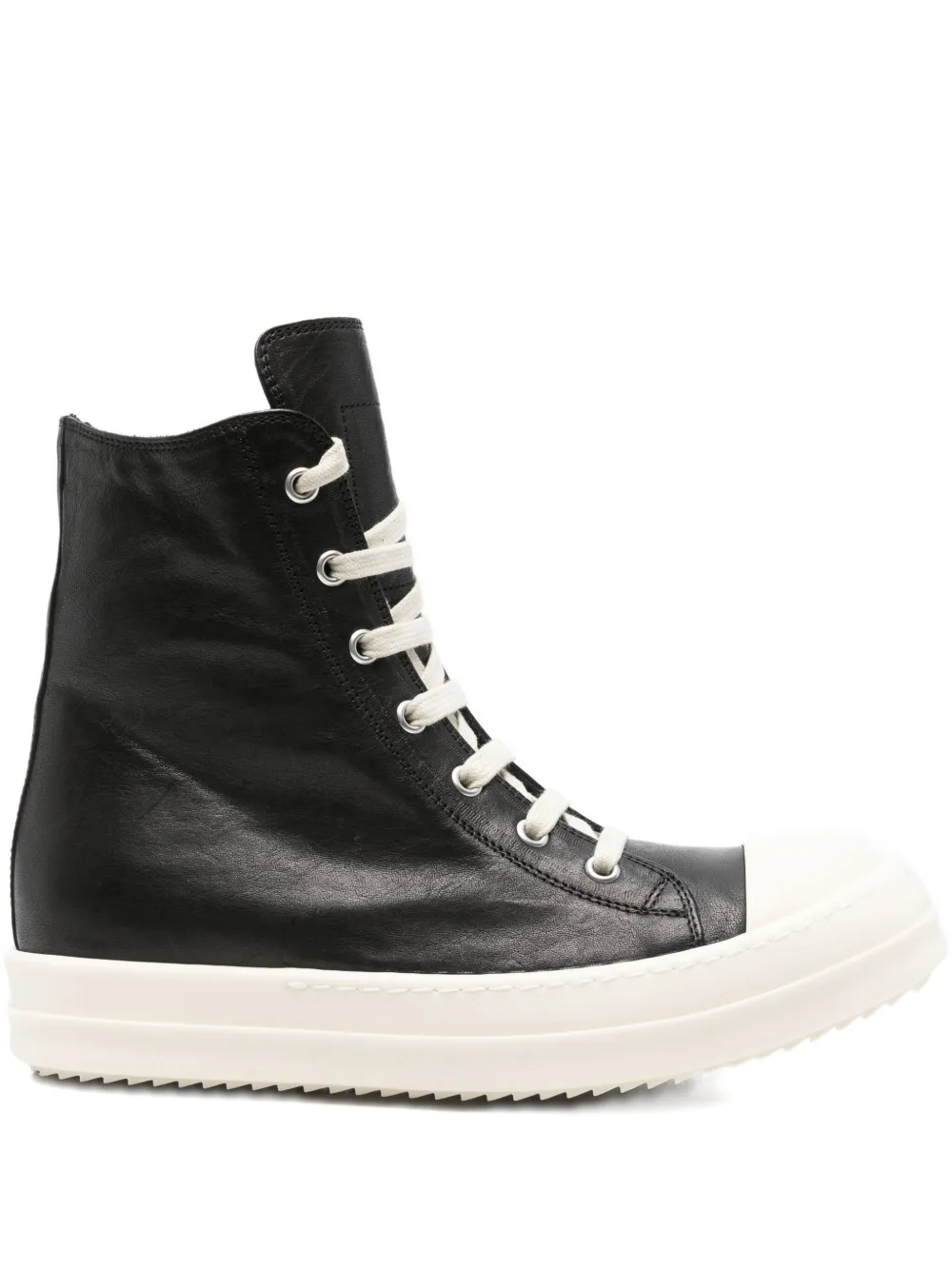 Rick Owens Black High Top Sneakers With Oversized Laces In Leather In Black